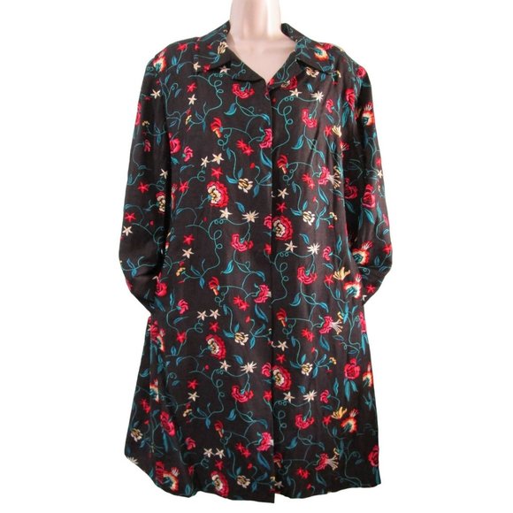 david brooks Jackets & Blazers - David Brook Floral Embroidered Black Shantung Silk Duster Coat Ladies XL EUC